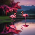 A group of flamingos dancing by the waters edge, their reflections shimmering under the night sky3 Royalty Free Stock Photo