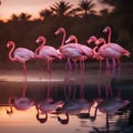 A group of flamingos dancing by the waters edge, their reflections shimmering under the night sky2 Royalty Free Stock Photo