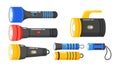 Group Of Flashlights With Different Colors And Sizes, Straps, Lens And Buttons. Multipurpose And Versatile