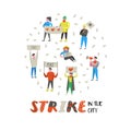 Group of Flat Angry People Protesting at Strike. Characters Picketing Against Something with Banners and Placards Royalty Free Stock Photo