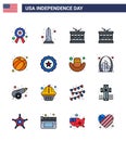 16 USA Flat Filled Line Signs Independence Day Celebration Symbols of usa; ball; washington; american; parade