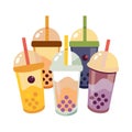Group of flat vector bubble tea cups with colorful straws and tapioca pearls isolated Royalty Free Stock Photo