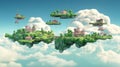 A group of floating houses in the sky. Generative AI image.