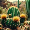 Group of flowering cacti. Green, yellow