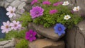 a group of flowers sitting on top of a stone wall, a picture, romanticism