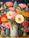 A Group Of Flowers In Vases, needle felting wool Embroidery of cactus