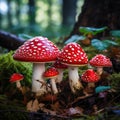 Group of fly agaric mushrooms sitting together in the forest
