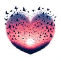 A group of flying birds silhouette, with a big heart in a pink sunset, dreamy, fantasy art, love art, romantic athmosphere