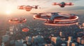 Group of Flying Drone Vehicles Over a City
