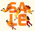 Group of flying people around sale word. Promotion banner. Small people