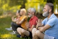 Group of focused seniors practicing yoga in serene park setting Royalty Free Stock Photo