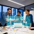 Diverse business team analyzing futuristic digital data hologram in modern office at night Royalty Free Stock Photo