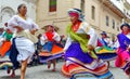 Group of folk dancers in costumes Otavalo and Cayambe people, Ecuador