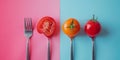 Group of Forks With Tomatoes and a Tomato healthy food concept flat-lay. Generative AI Royalty Free Stock Photo