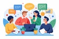 A group of four colleagues engage in a lively discussion around a laptop, sharing ideas and feedback, Customizable flat Royalty Free Stock Photo