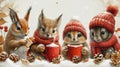 Group of four cute little rabbits in red hats and scarves with cups of hot drink in winter forest Generative AI