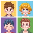 group of four cute youngs boys teenagers manga anime heads characters