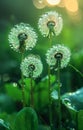 A group of four dandelions are covered in raindrops, creating a serene and peaceful atmosphere Royalty Free Stock Photo