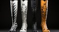 A group of four different colored boots with zebra print. Generative AI image.