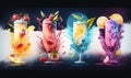 a group of four different colored drinks with ice and fruit