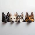 A group of four dogs peeking over a white panel Royalty Free Stock Photo