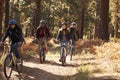 Group four friends in helmets riding bikes on a forest path