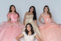 Four Hispanic Girls In Quinceanera Dresses Royalty Free Stock Photo