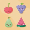 Group of four kawaii fruits with a smile