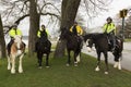 Group of four mounted policemen in bright green or yellow jackets