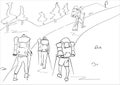 Group of four tourists with hiking sticks and backpacks. Abstract isolated contour. Hand drawn outlines. Black line drawing.