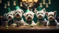 A group of four white dogs wearing hats and green ties, AI Royalty Free Stock Photo