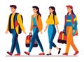 Group of four young adults walking confidently with luggage. Diverse travelers in casual wear going on a trip. Travel