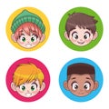 group of four young interracial teenagers boys kids heads characters