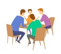 Group of four young people having discussion at the table. Brainstorming. Flat vector illustration. Isolated on white