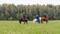 Group of fox hunters on the horses in the autumn field. Reconsruction of traditional horse hunting