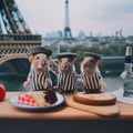 A group of french patriotic mice in Paris sitting on top of a table next to a plate of food. Generative AI image.