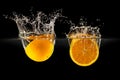 Group of fresh fruits falling in water with splash on black background Royalty Free Stock Photo