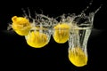 Group of fresh fruits falling in water with splash on black background Royalty Free Stock Photo