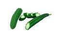 group of fresh herbal green slice pieces and cut half angled loofah or aculangula vegetable herb long size shape. Isolated on