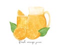 group of fresh homemade orange juice in glass and jar with orange fruit composition watercolour illustration vector isolated on