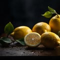 group of fresh lemon fruits on wooden background.