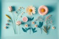 Group fresh pastel colorful flower placing on isolated blue background.