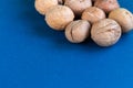 Group of wallnuts is on a blue background, healthy food concept