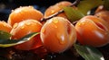 Group of Fresh Yellow Apricat Fruit with Water Drops on Wooden Table Top Defocused Background