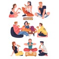 Group of Friend Character Eating Food at Home Sitting on the Floor with Pizza and Tortilla Vector Set