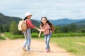 Group friend children travel nature summer trips.  Family Asia people tourism walking on road happy and fun explore Royalty Free Stock Photo