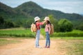 Group friend children travel nature summer trips.  Family Asia people tourism walking on road happy Royalty Free Stock Photo