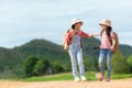 Group friend children travel nature summer trips.  Family Asia people tourism walking on road happy and fun explore adventure outd Royalty Free Stock Photo