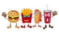 A group of friendly Fast Food meals on white background