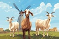 Group Of Friendly Goats Gathered Near Traditional Windmill. Generative AI